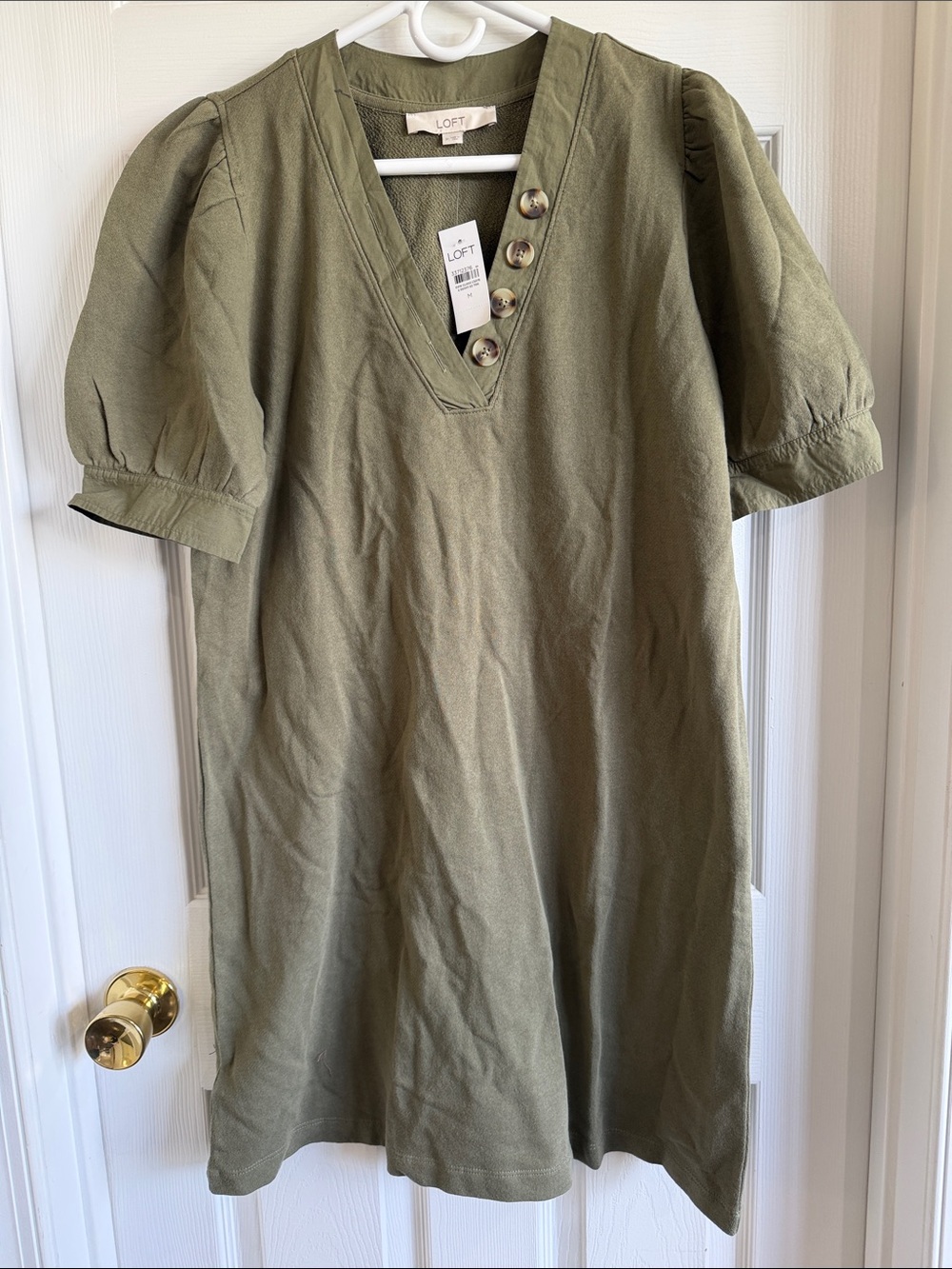 LOFT Olive Puff Sleeve V-Neck Mini Dress with Button Placket
